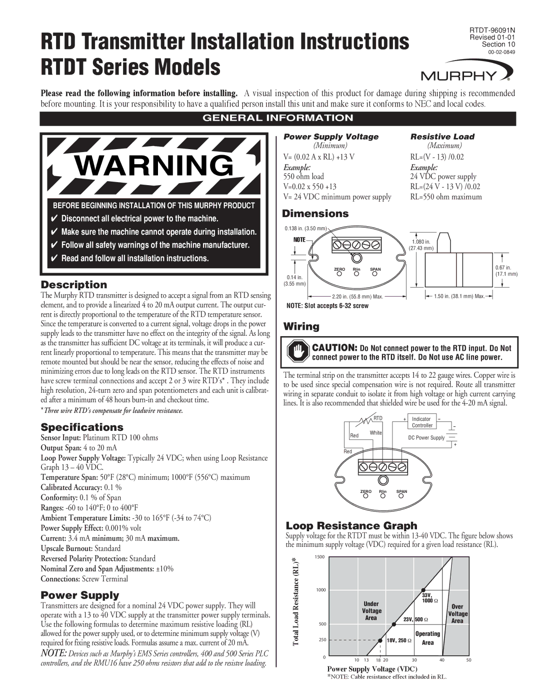 Murphy RTDT Series specifications Description, Specifications, Power Supply, Dimensions, Wiring, Loop Resistance Graph 