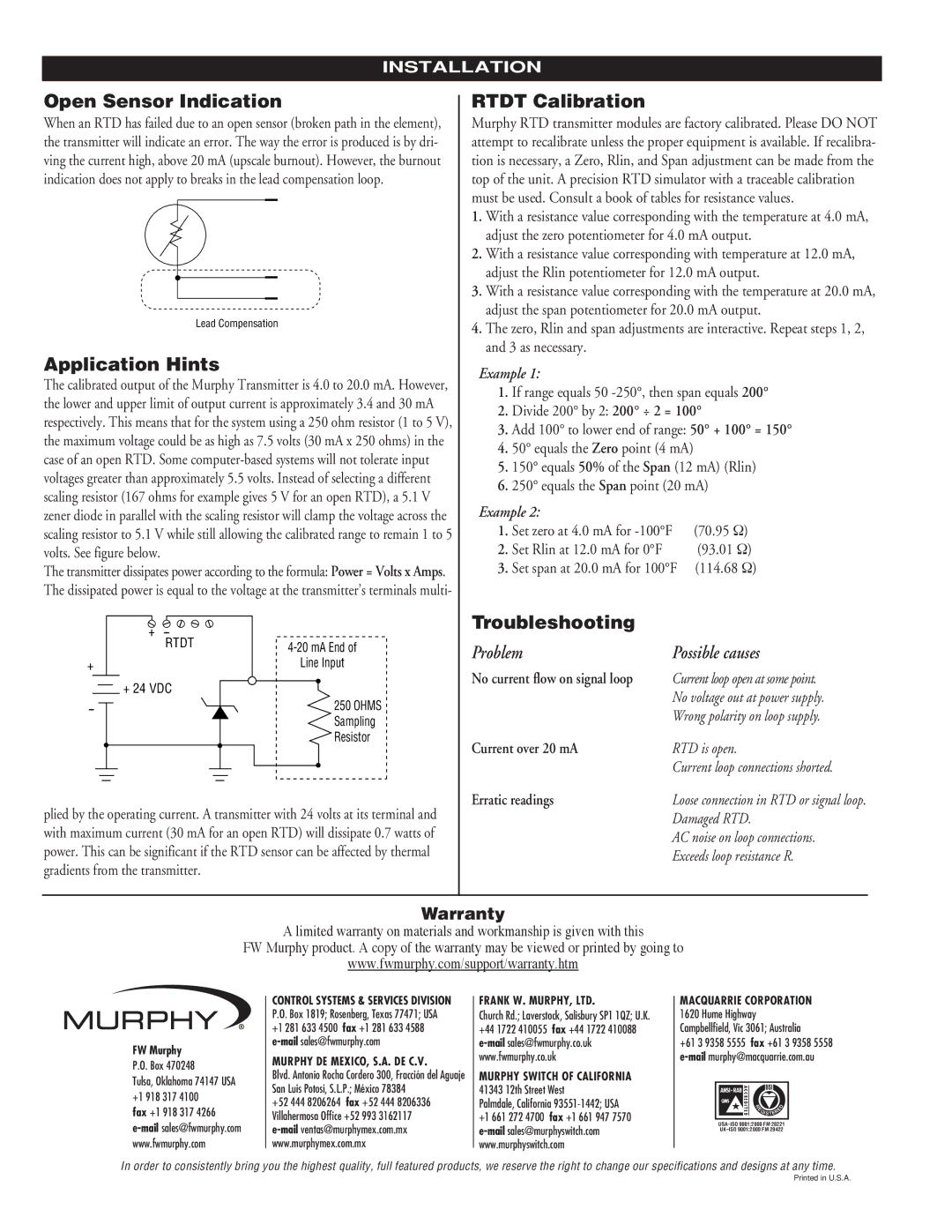 Murphy RTDT Series specifications Open Sensor Indication, Application Hints, Rtdt Calibration 