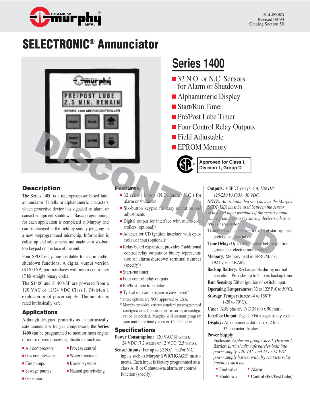 Murphy Series 1400 specifications Description, Applications, Features, Specifications 