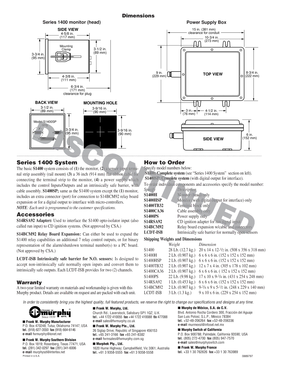 Murphy specifications Series 1400 System, Accessories, How to Order 