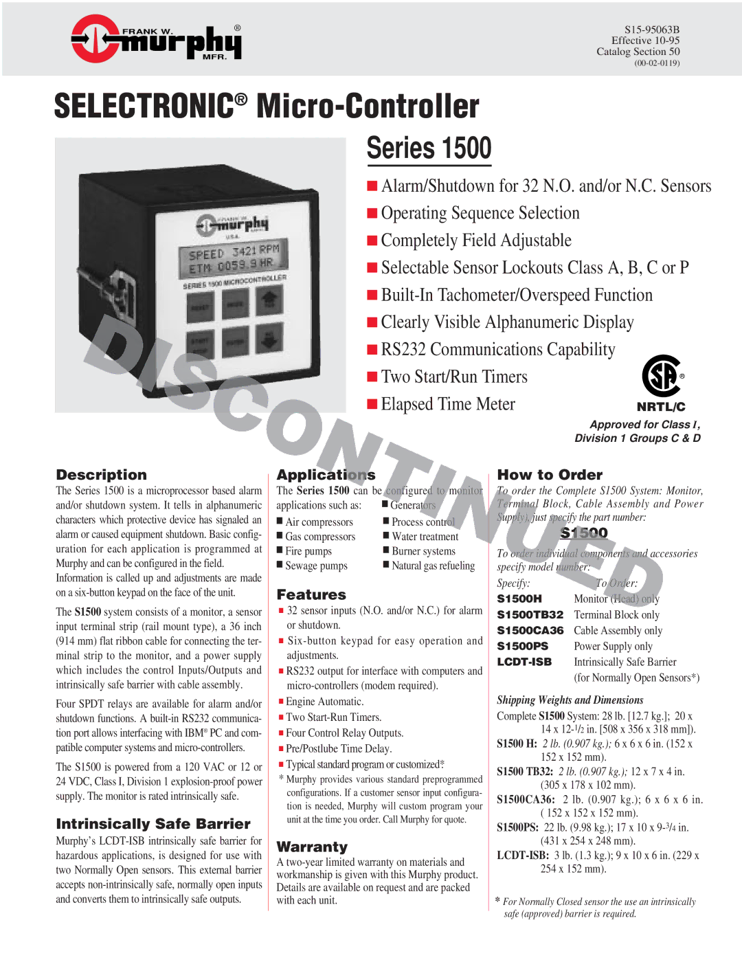 Murphy Series 1500 warranty Selectronic Micro-Controller 