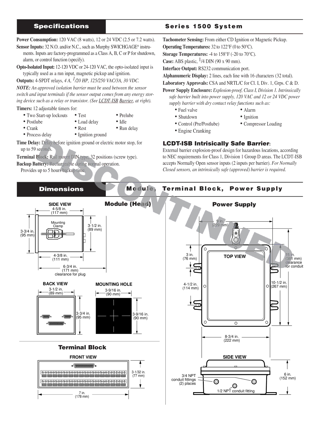 Murphy warranty Specifications Series 1500 System, Dimensions Module, Terminal Block, Power Supply 