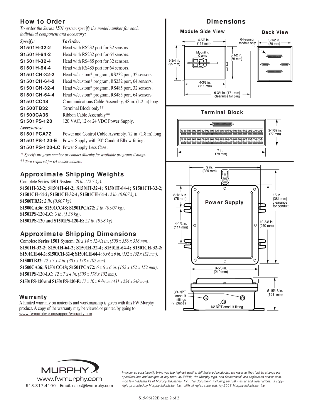 Murphy Series 1501 specifications How to Order, Approximate Shipping Weights, Approximate Shipping Dimensions 