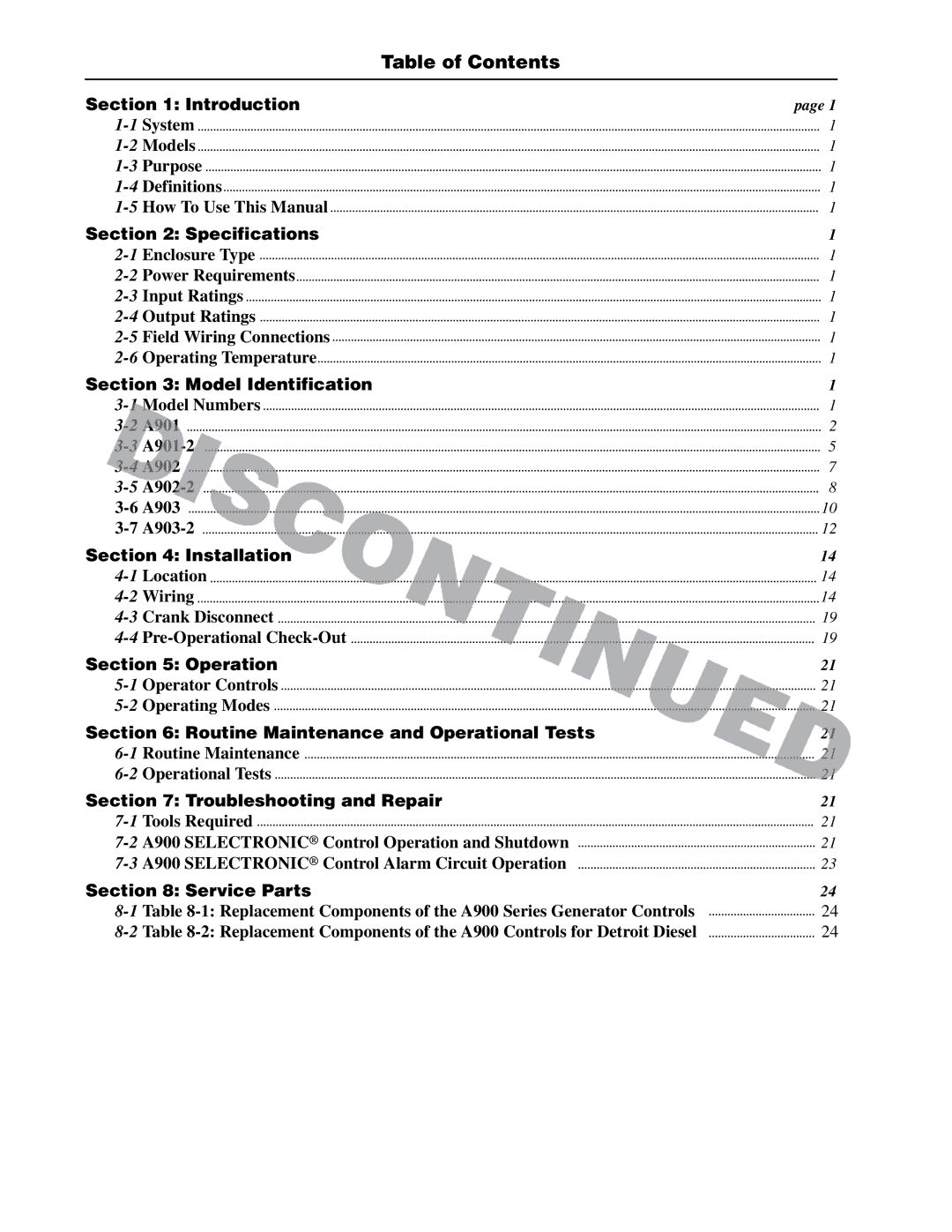 Murphy Series A900 manual Table of Contents 