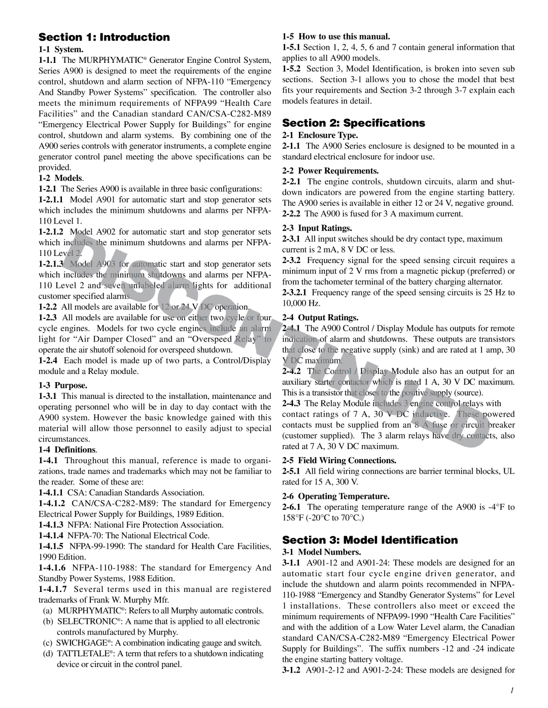 Murphy Series A900 System, Models, Purpose, Definitions, How to use this manual, Enclosure Type, Power Requirements 