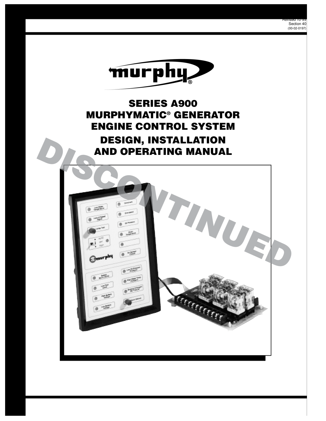 Murphy Series A900 manual SERIES A900 MURPHYMATIC GENERATOR ENGINE CONTROL SYSTEM, A900-9025N Revised Section 