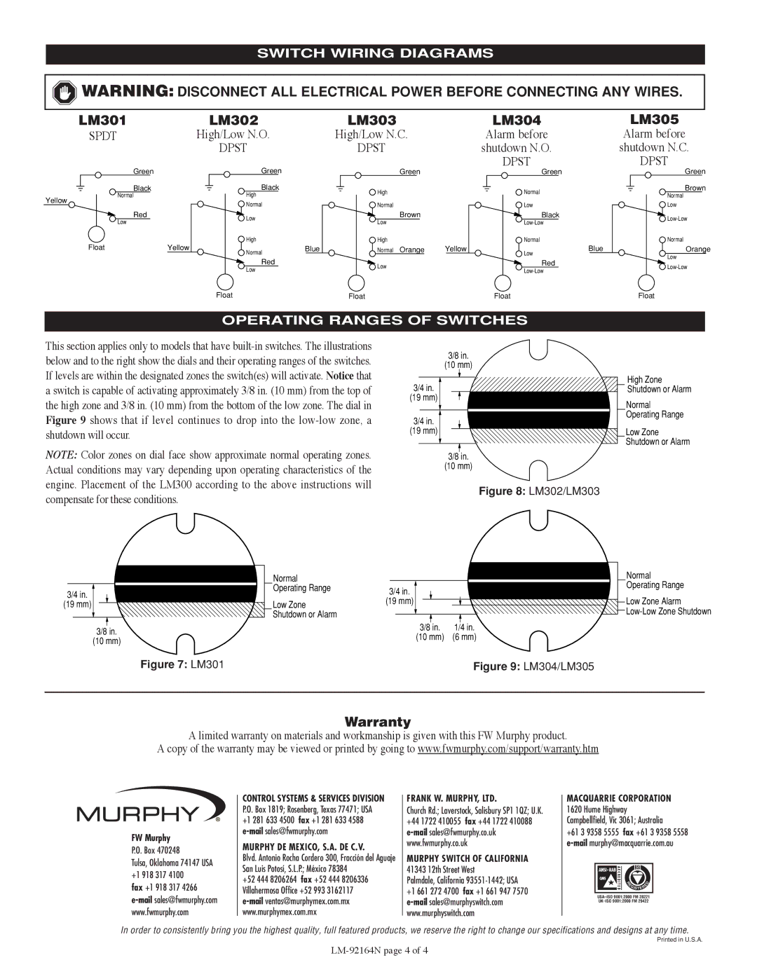 Murphy Series LM300 installation instructions LM301 LM302 LM303 LM304 LM305, Warranty, Switch Wiring Diagrams, High/Low N.C 