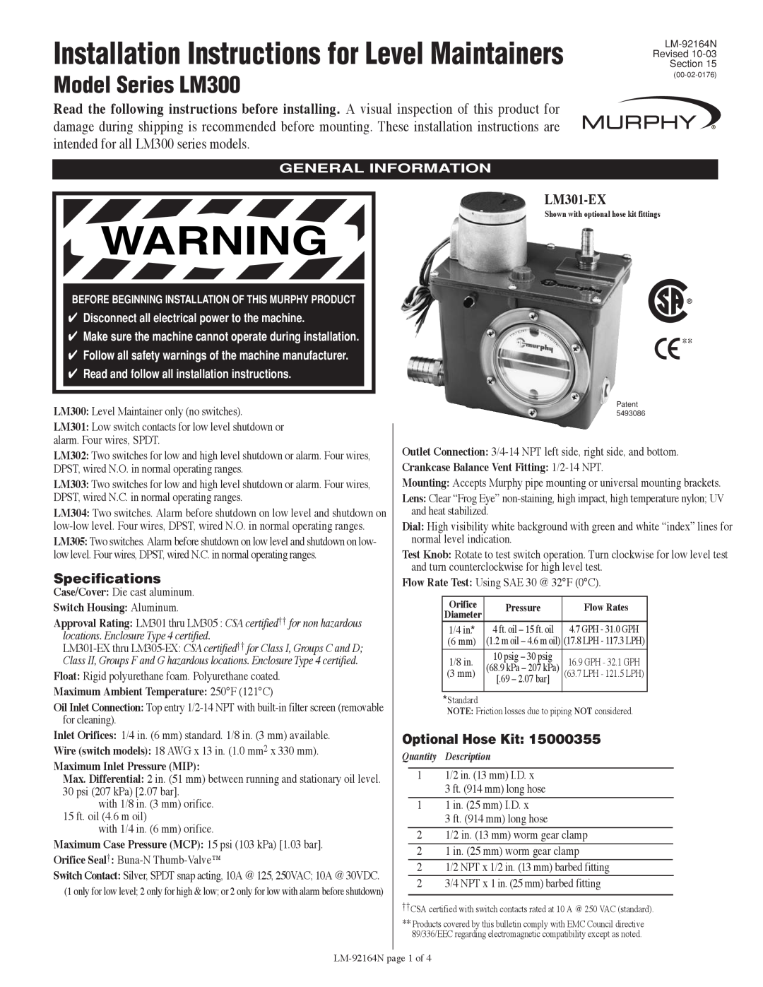 Murphy Series LM300 installation instructions LM301-EX, Specifications, Optional Hose Kit, General Information 