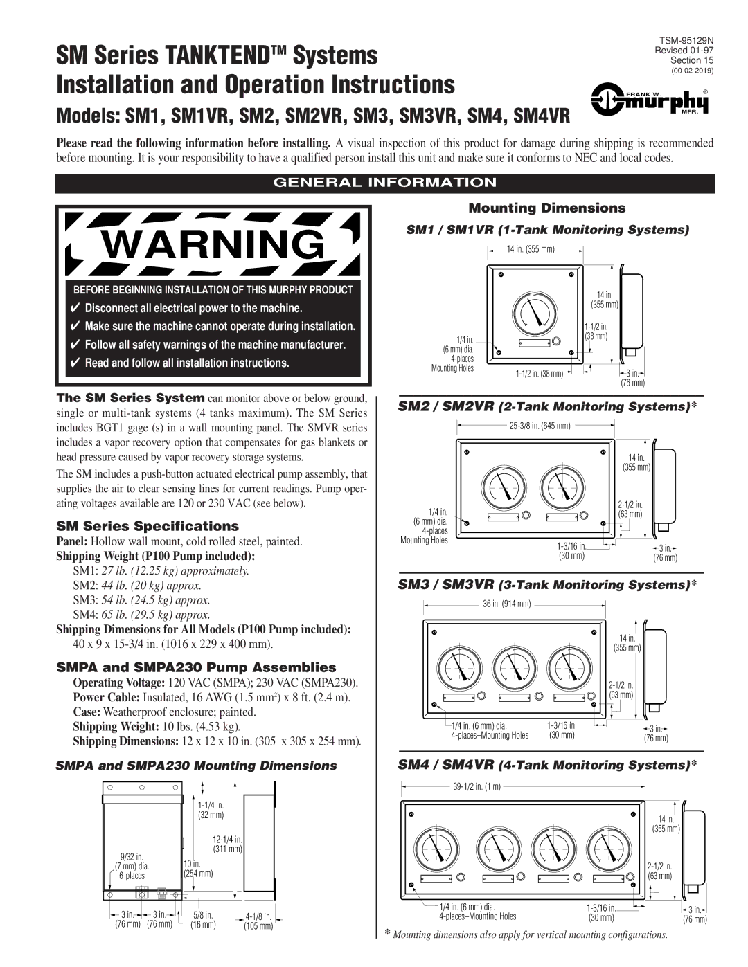 Murphy SM2VR, SM4VR, SM3, SM1 dimensions Mounting Dimensions, SM Series Specifications, Smpa and SMPA230 Pump Assemblies 