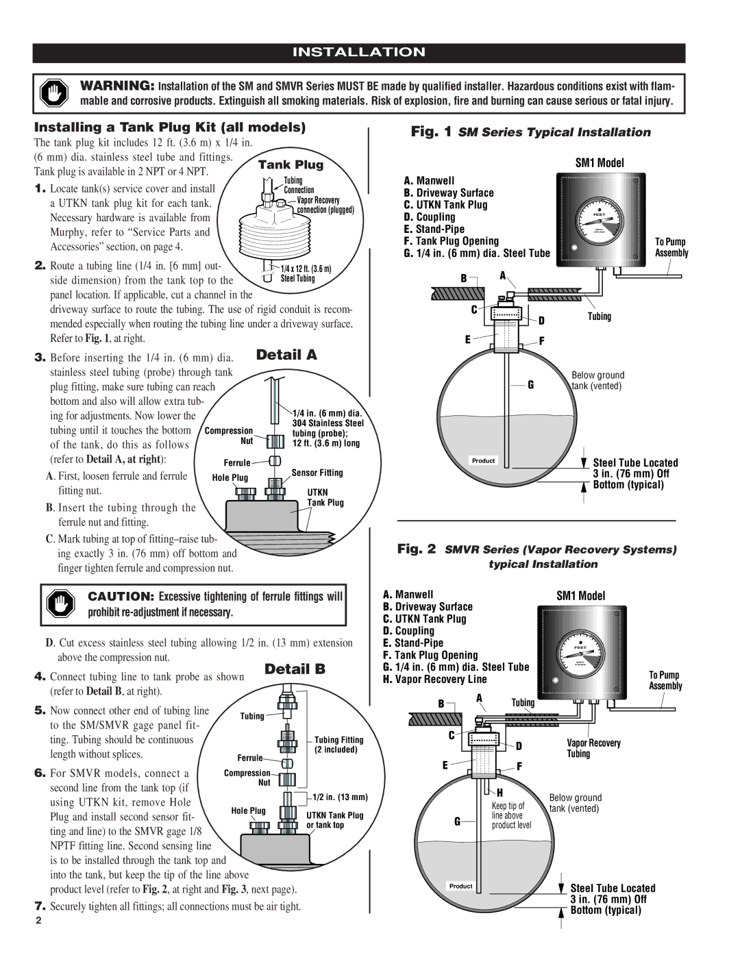 Murphy SM3, SM4VR, SM2VR, SM1VR Detail a, Detail B, Installing a Tank Plug Kit all models, Refer to Detail A, at right 