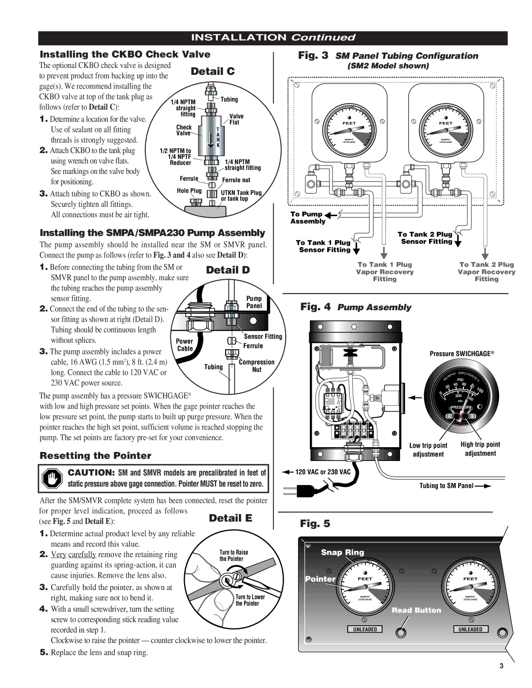 Murphy SM4VR, SM2VR, SM1VR, SM3VR dimensions Detail C, Installing the Ckbo Check Valve, Resetting the Pointer 