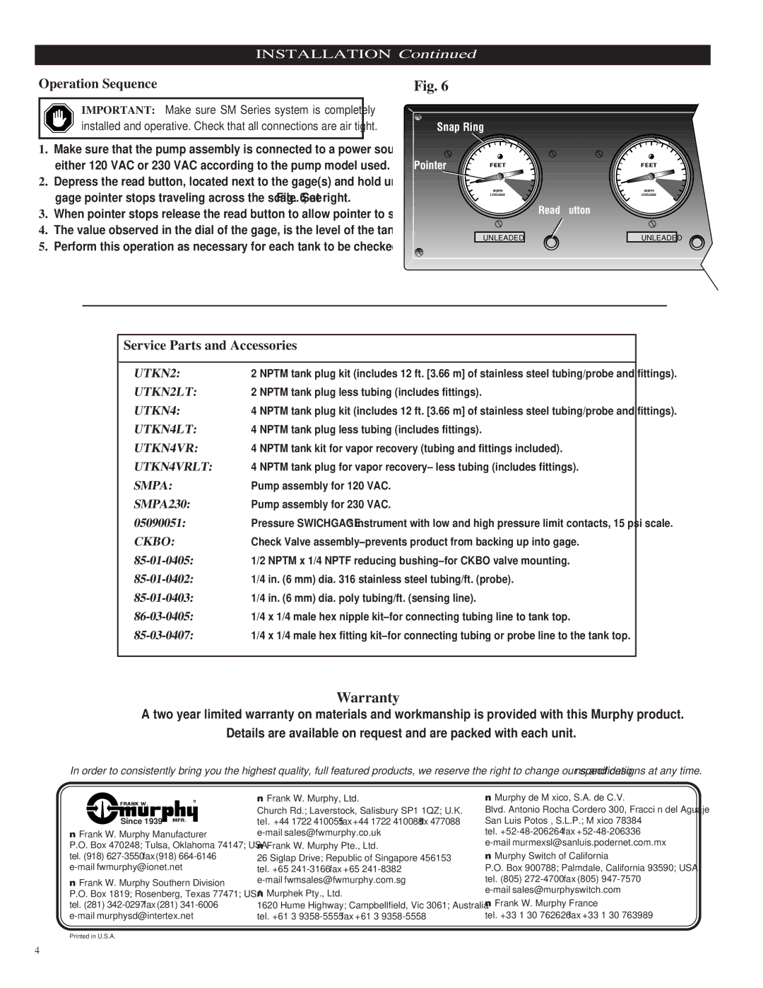 Murphy SM4VR, SM2VR, SM1VR, SM3VR dimensions Warranty, Operation Sequence, Service Parts and Accessories 