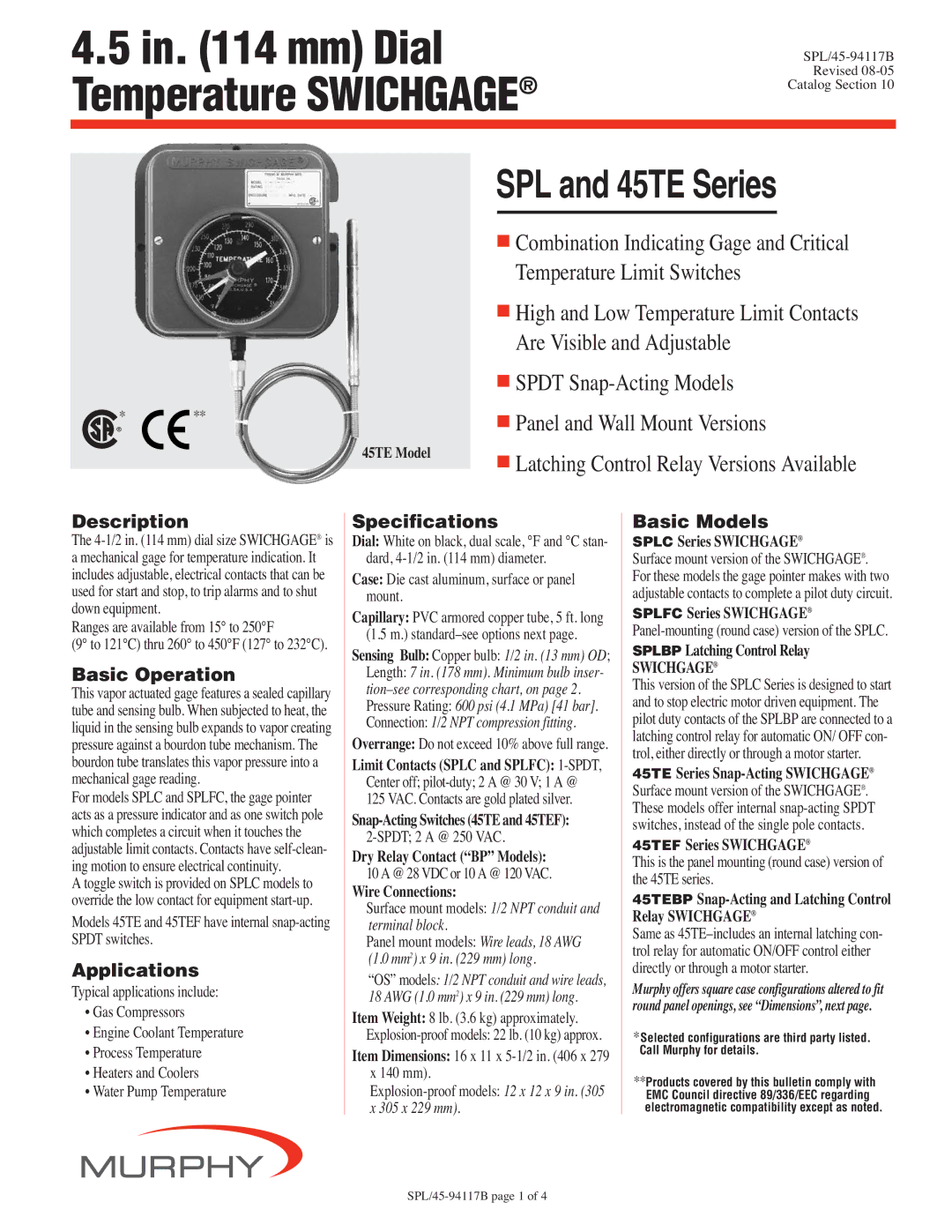 Murphy SPL specifications Description, Basic Operation, Applications, Specifications, Basic Models 