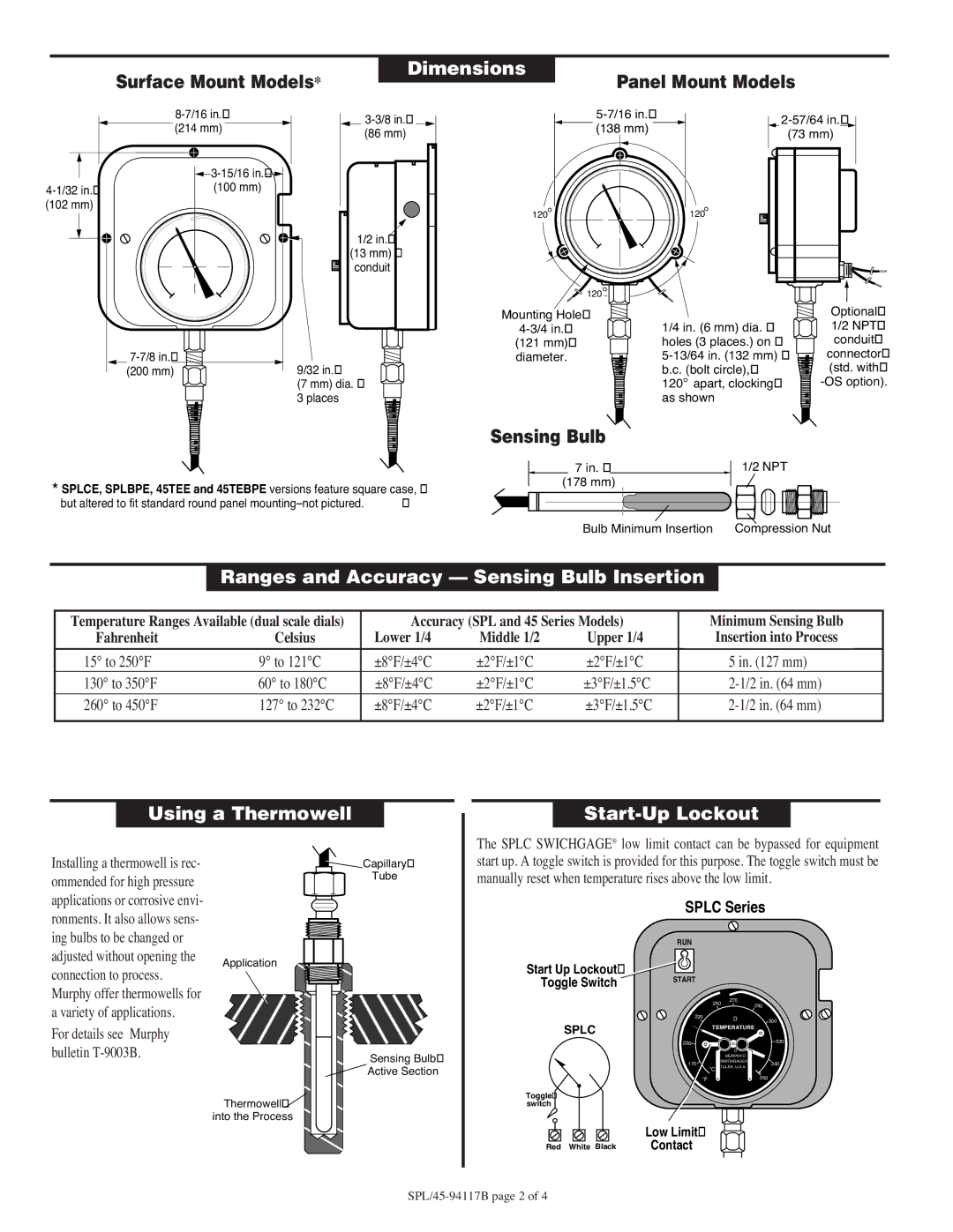 Murphy SPL specifications Dimensions, Ranges and Accuracy Sensing Bulb Insertion, Using a Thermowell Start-Up Lockout 