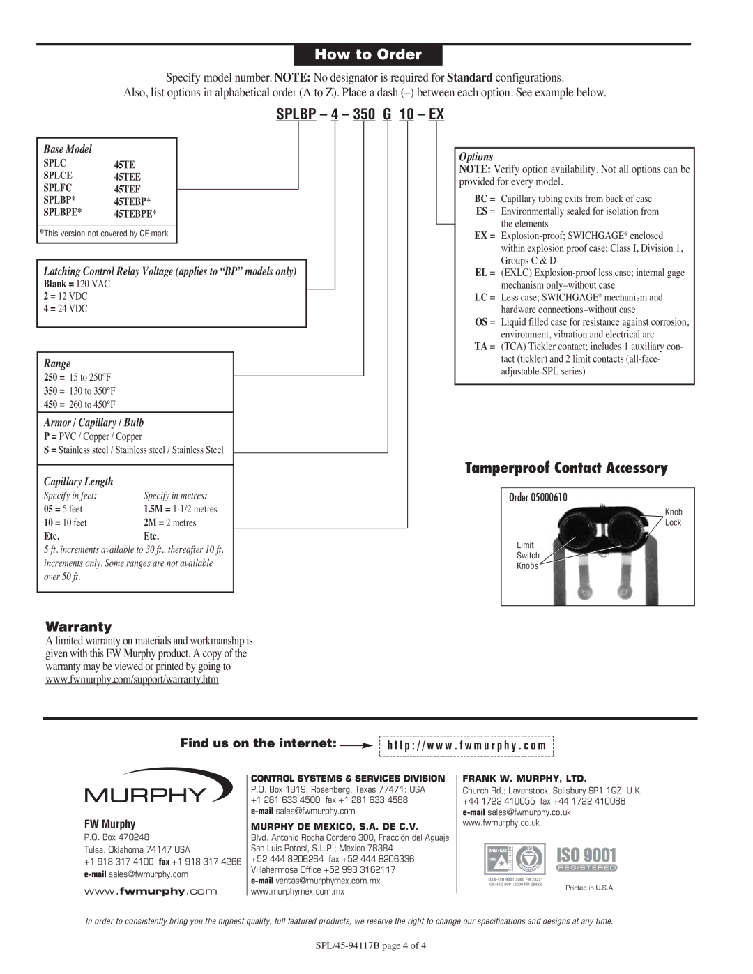 Murphy SPL specifications How to Order, Splbp 4 350 G 10 EX 