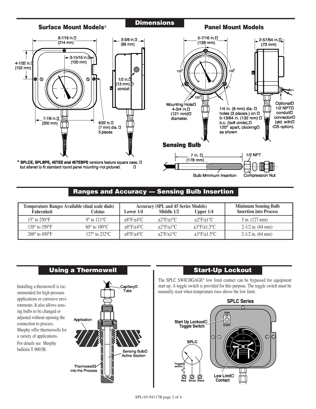 Murphy SPL Surface Mount Models, Dimensions, Panel Mount Models, Sensing Bulb, Using a Thermowell, Start-Up Lockout 