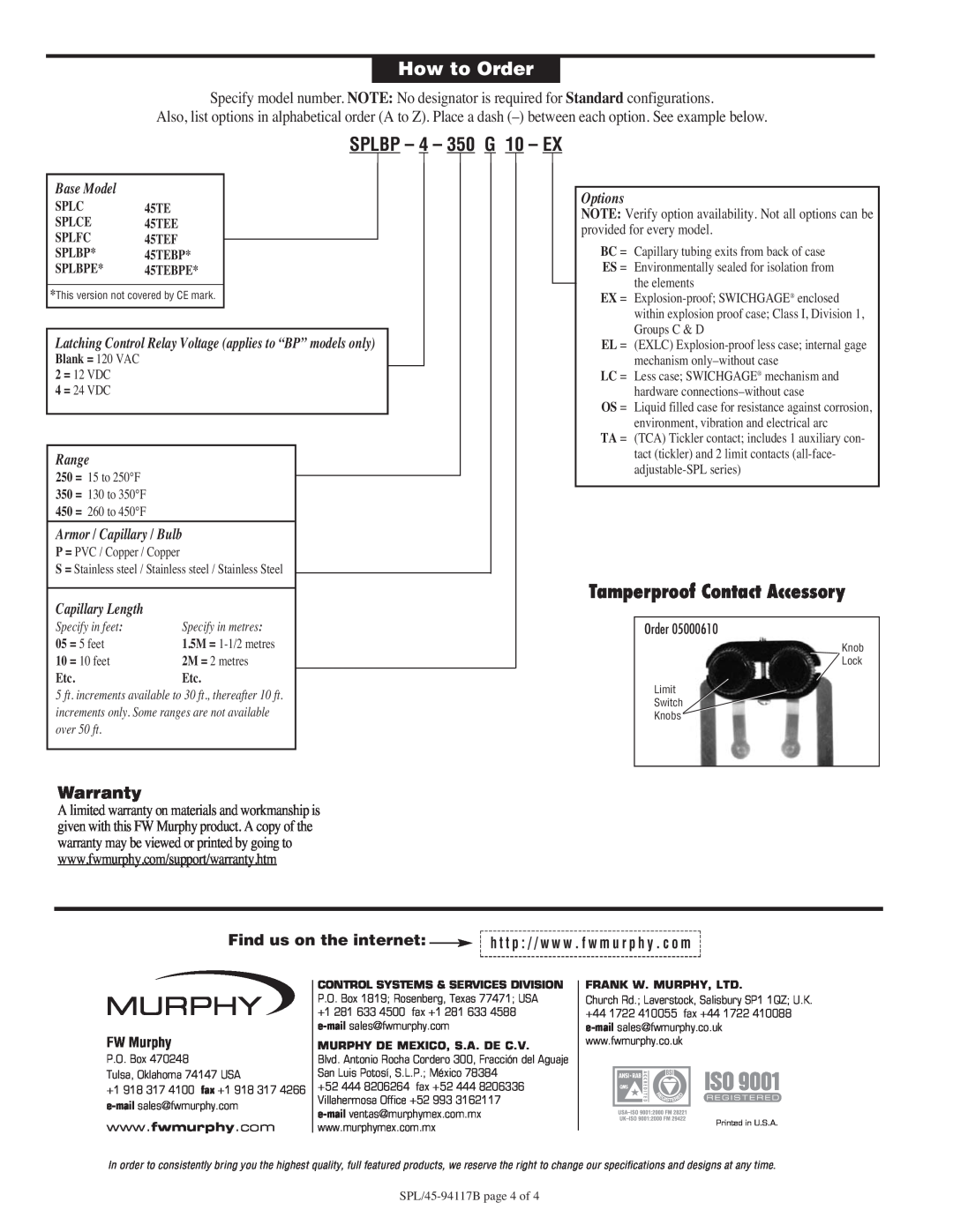 Murphy specifications How to Order, SPLBP - 4 - 350 G 10 - EX, Tamperproof Contact Accessory, Warranty 