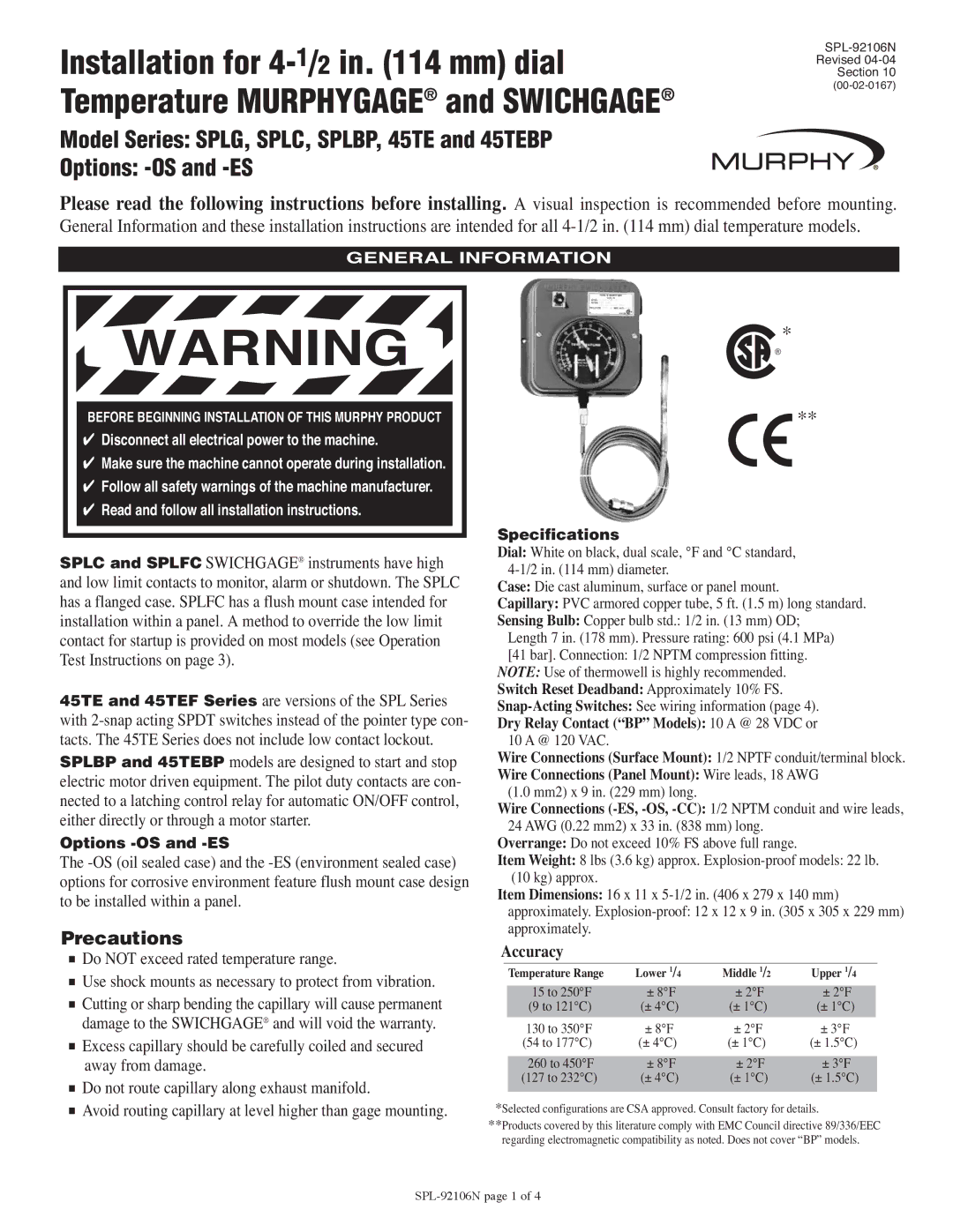 Murphy SPLG, SPLC, SPLBP, 45TEBP warranty General Information, Options -OS and -ES, Specifications 