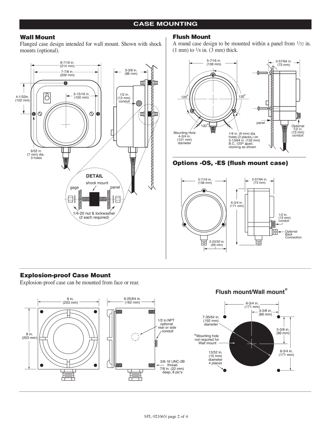 Murphy SPLBP, SPLC, SPLG, 45TEBP Wall Mount, Flush Mount, Options -OS, -ES flush mount case, Explosion-proof Case Mount 