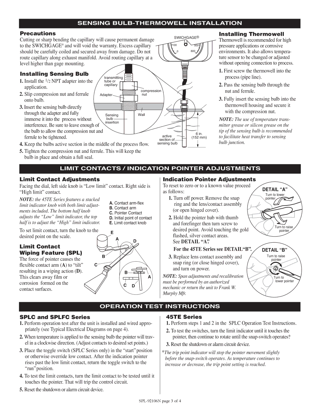 Murphy 45TEBP Sensing BULB-THERMOWELL Installation, Limit Contacts / Indication Pointer Adjustments, Detail a, Detail B 