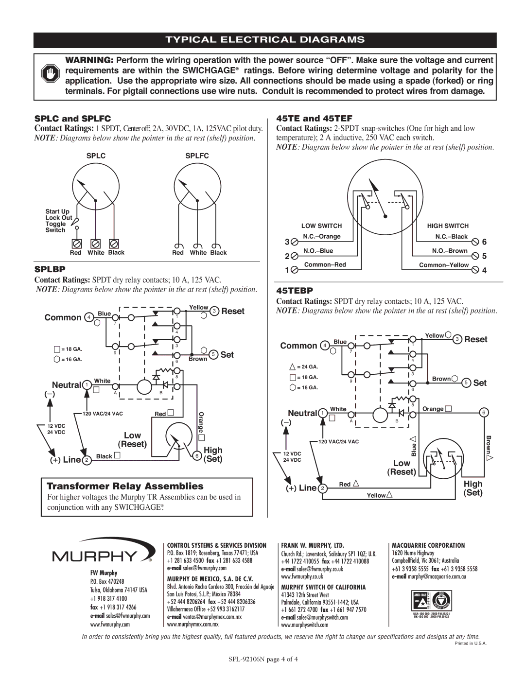 Murphy SPLC, SPLG, SPLBP warranty Transformer Relay Assemblies, Typical Electrical Diagrams, Splbp, 45TEBP 