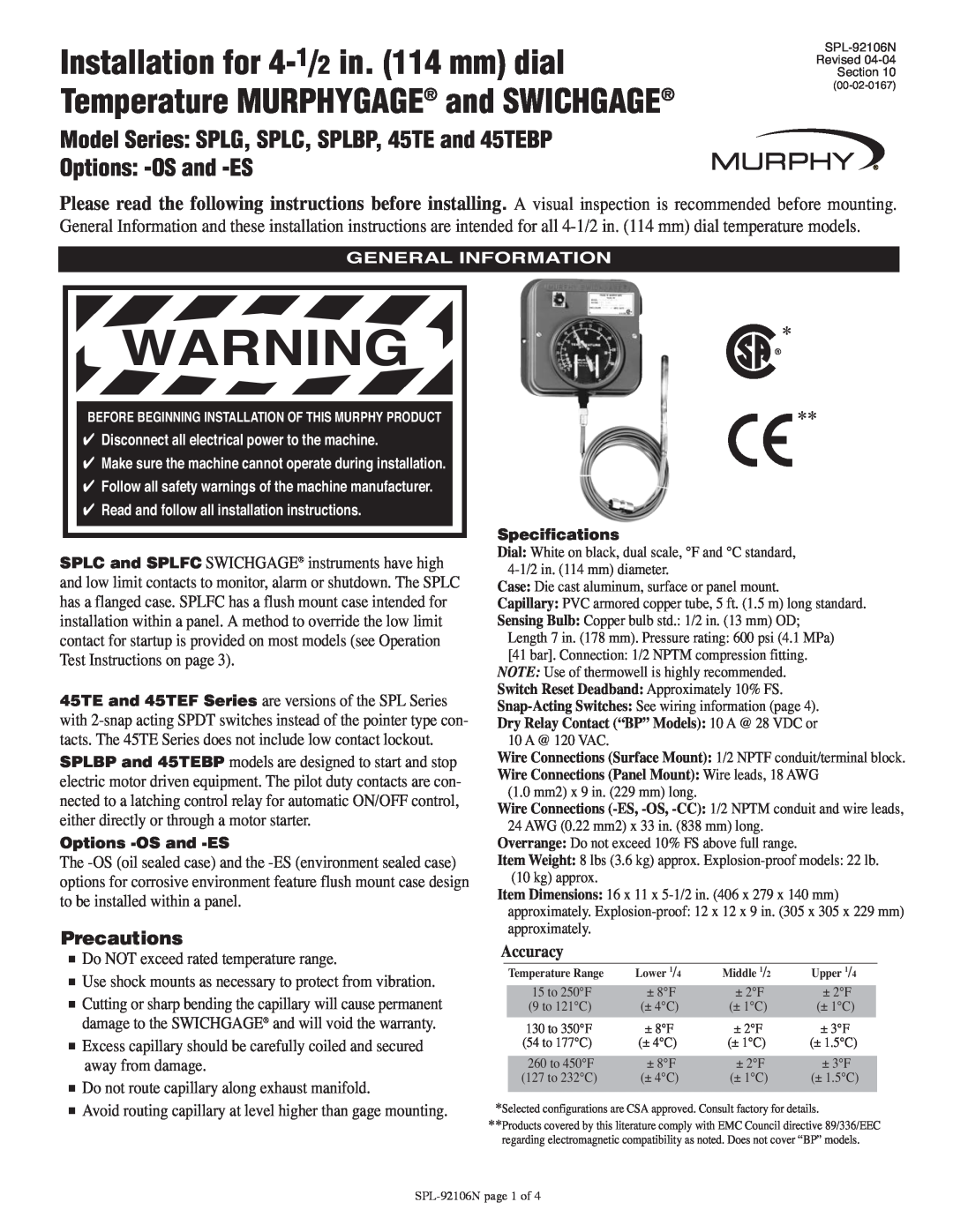 Murphy warranty Model Series SPLG, SPLC, SPLBP, 45TE and 45TEBP Options -OS and -ES, Precautions, Accuracy 
