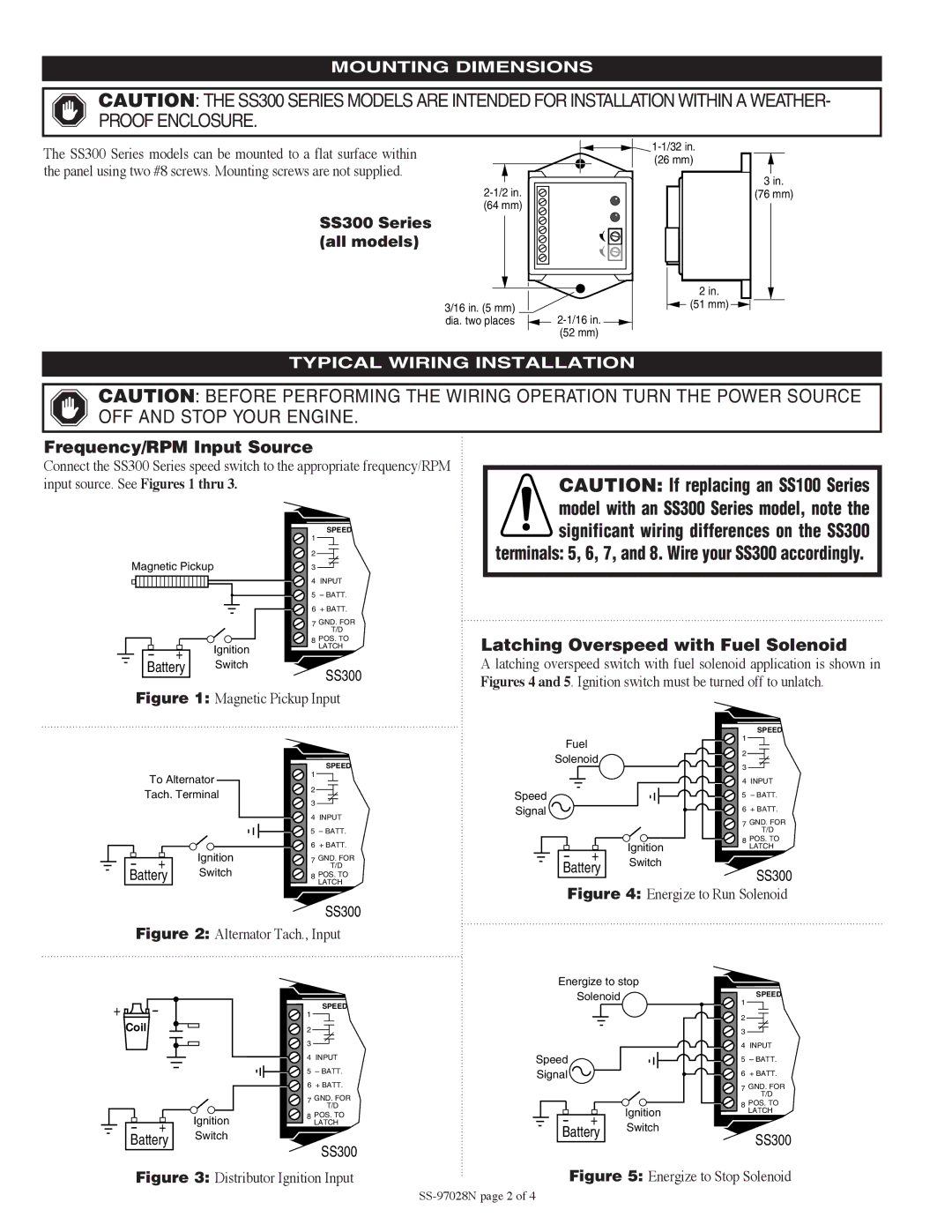 Murphy SS300 Series specifications Frequency/RPM Input Source, Mounting Dimensions, Typical Wiring Installation 