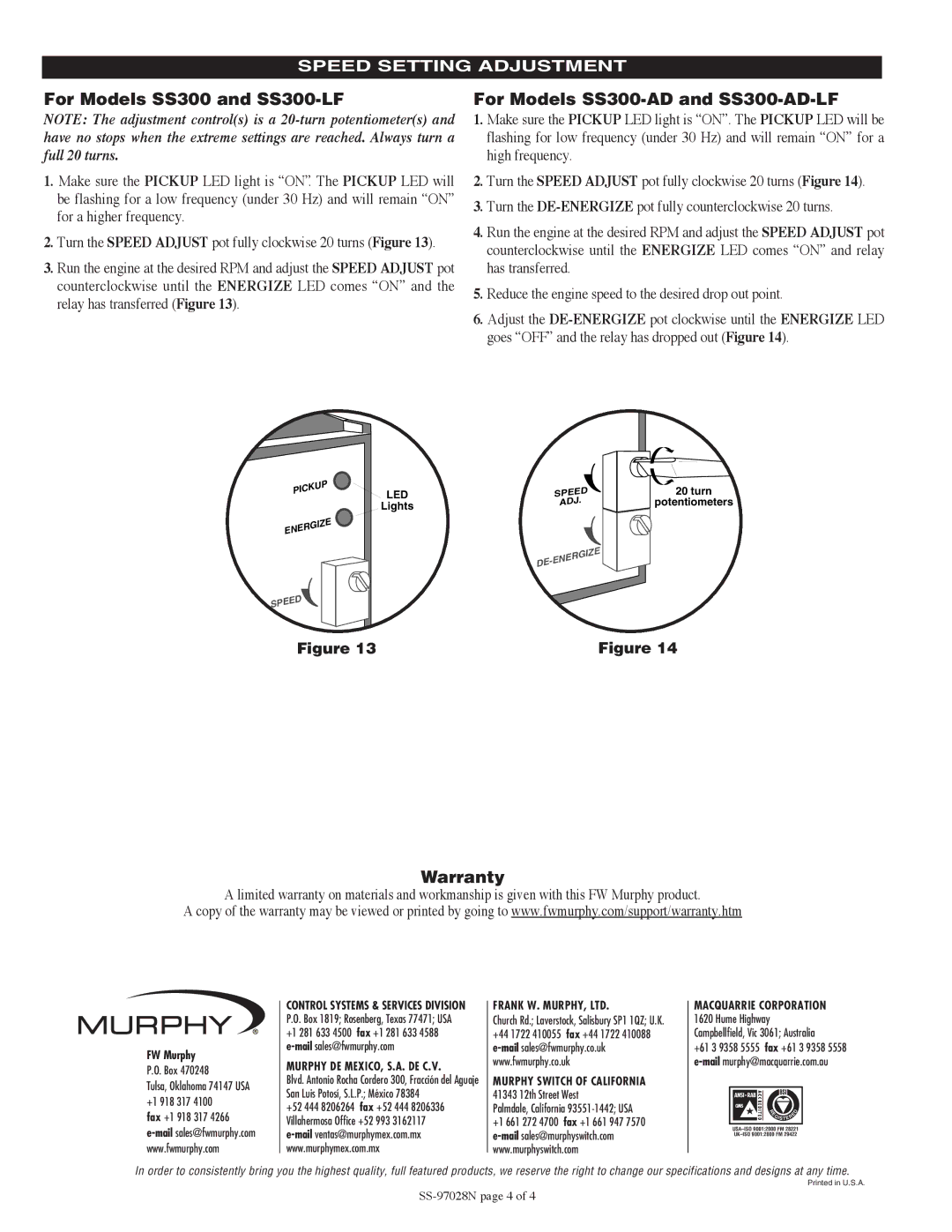 Murphy SS300 Series For Models SS300 and SS300-LF, For Models SS300-AD and SS300-AD-LF, Warranty, Speed Setting Adjustment 