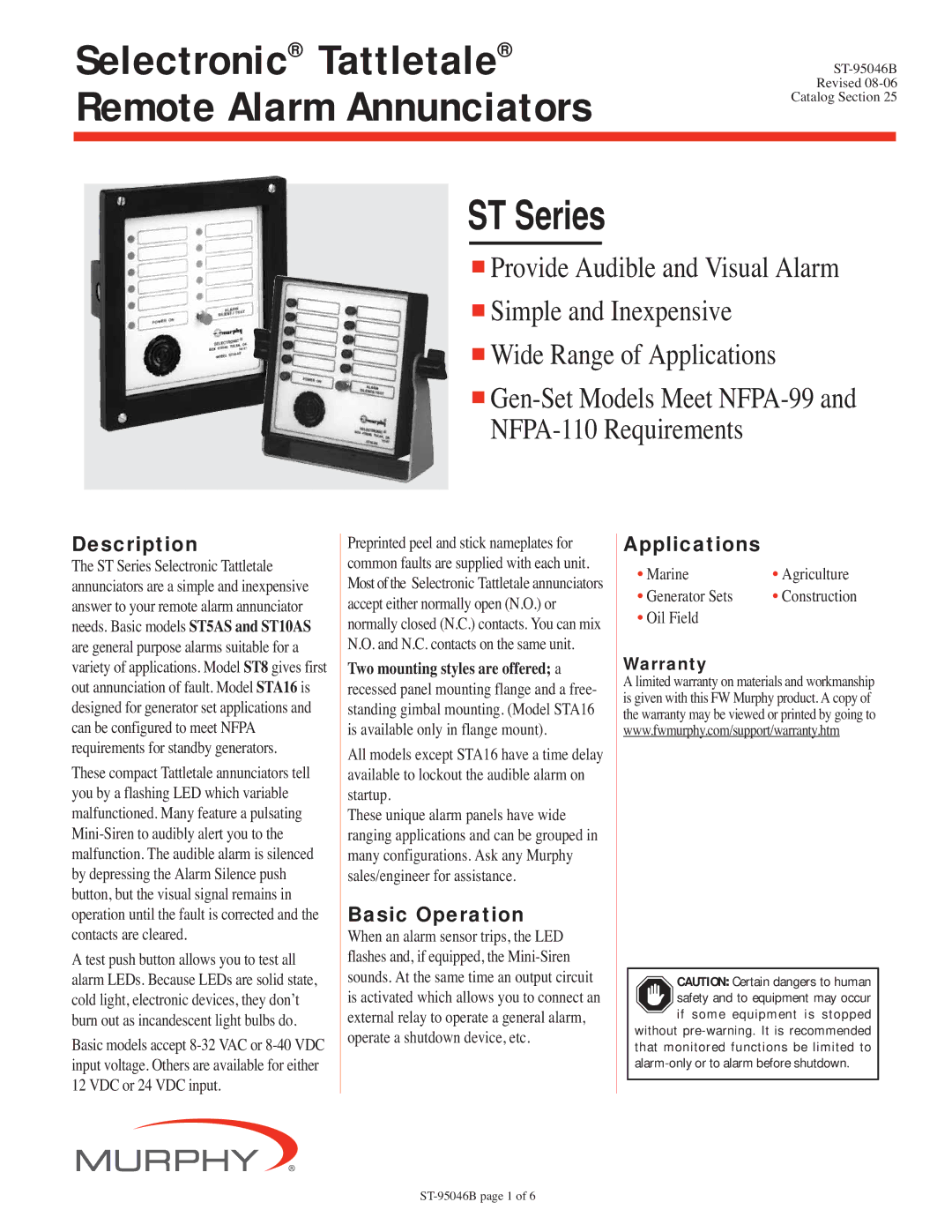 Murphy ST Series warranty Description, Basic Operation, Applications, Warranty 