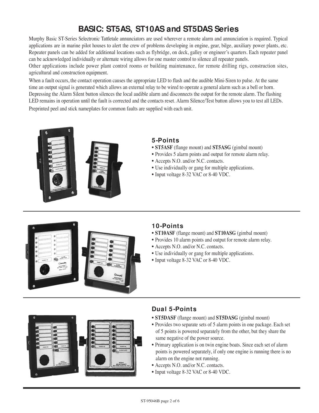 Murphy ST Series Basic ST5AS, ST10AS and ST5DAS Series, Dual 5-Points, ST5DASF flange mount and ST5DASG gimbal mount 