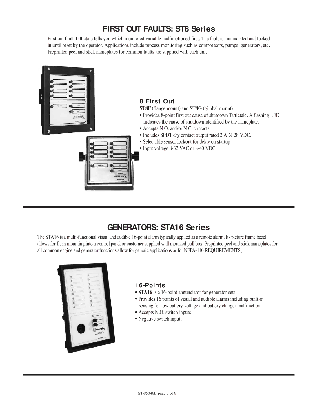 Murphy ST Series warranty First OUT Faults ST8 Series, Generators STA16 Series, First Out 