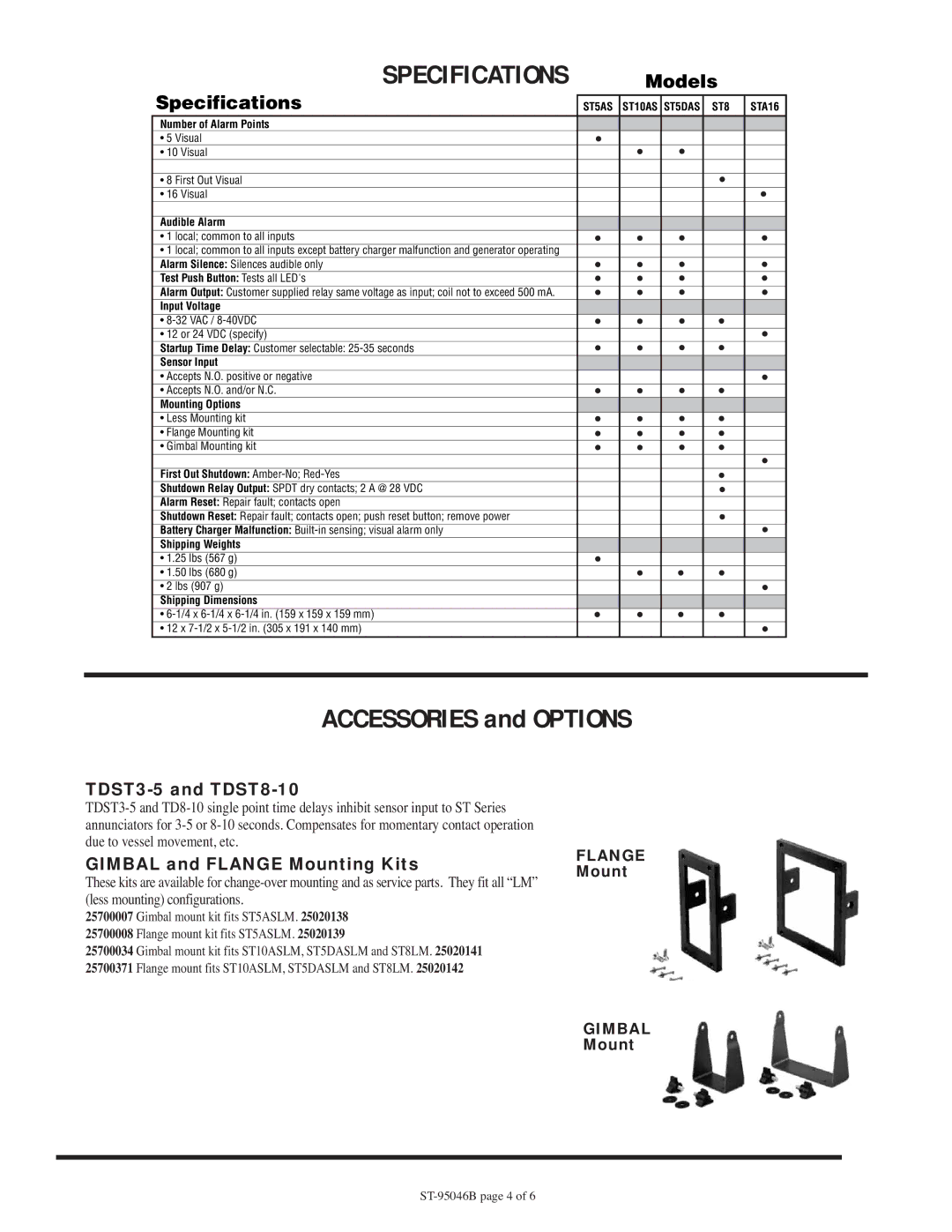 Murphy ST Series warranty Accessories and Options, TDST3-5 and TDST8-10, Gimbal and Flange Mounting Kits 