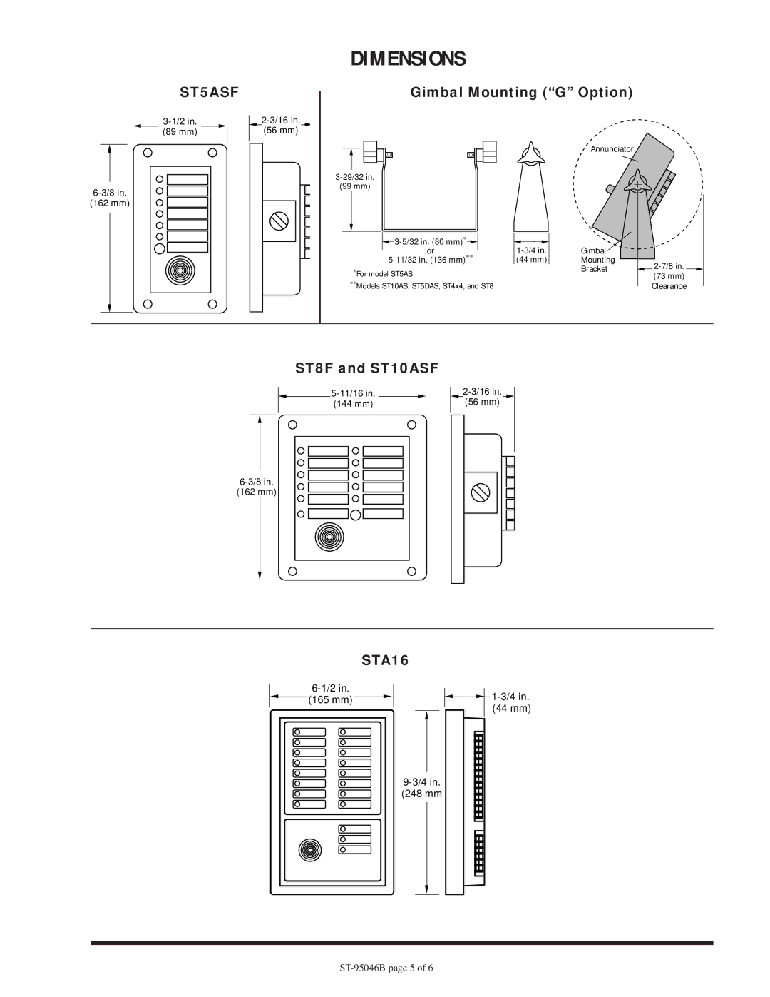 Murphy ST Series warranty Dimensions, Gimbal Mounting G Option, ST8F and ST10ASF 