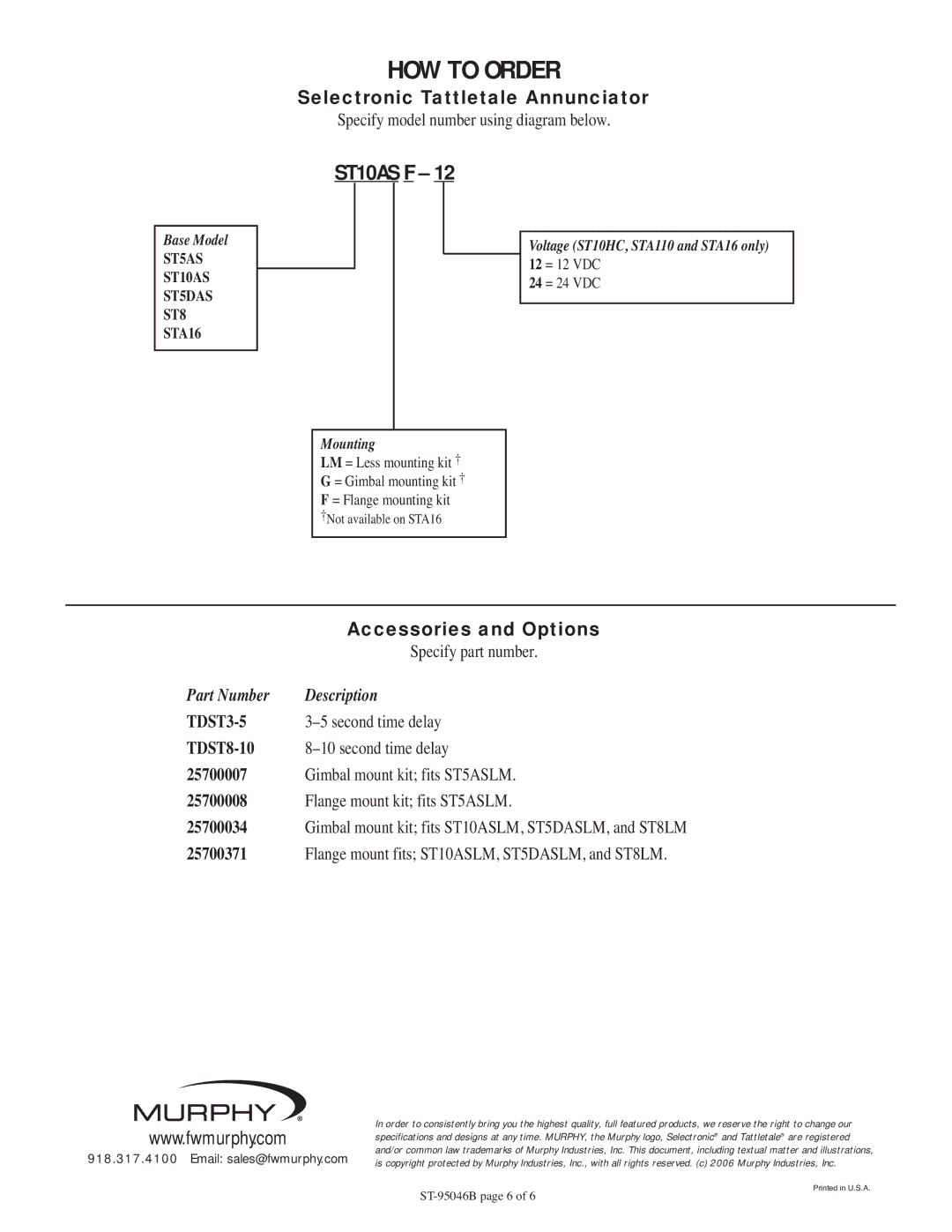 Murphy ST Series HOW to Order, ST10AS F, Selectronic Tattletale Annunciator, Specify model number using diagram below 