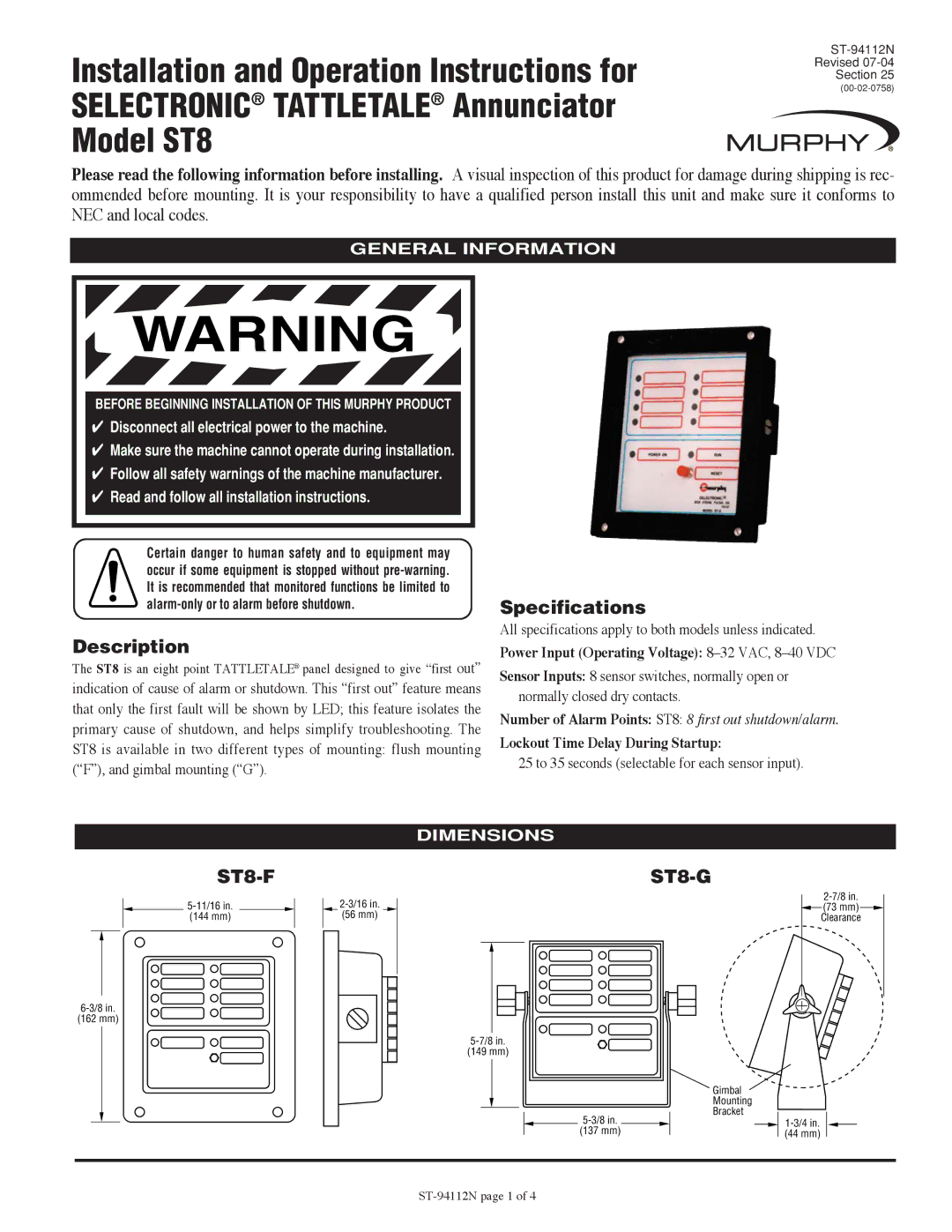 Murphy ST8 specifications Specifications, Description, General Information, Dimensions 