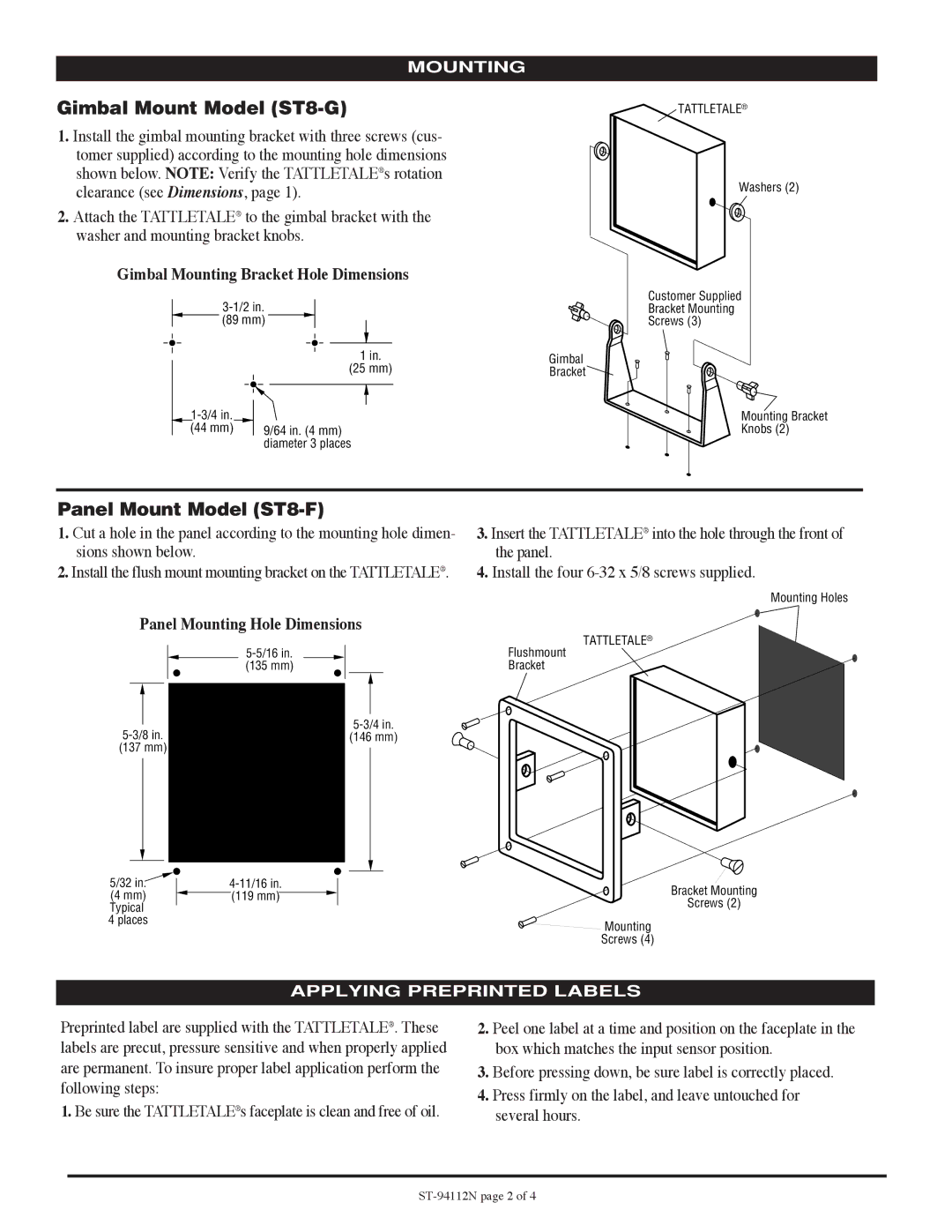 Murphy specifications Gimbal Mount Model ST8-G, Panel Mount Model ST8-F, Mounting, Applying Preprinted Labels 