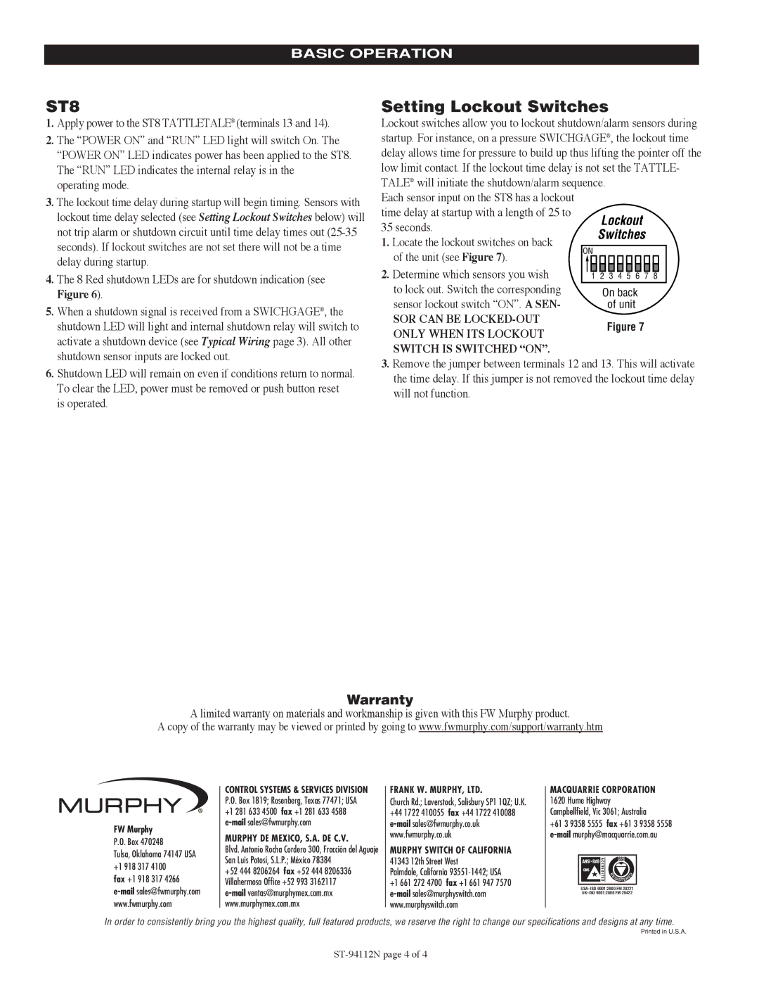 Murphy ST8 Setting Lockout Switches, Basic Operation, Tale will initiate the shutdown/alarm sequence, Seconds 