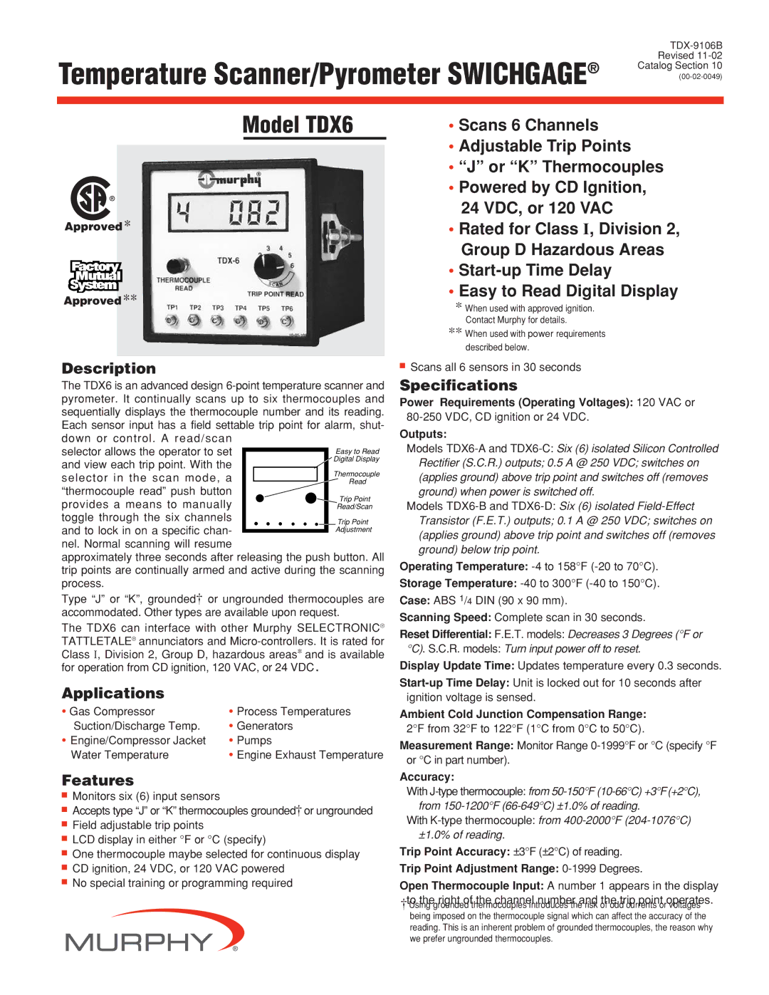 Murphy TDX6 specifications Description, Applications, Features, Specifications 