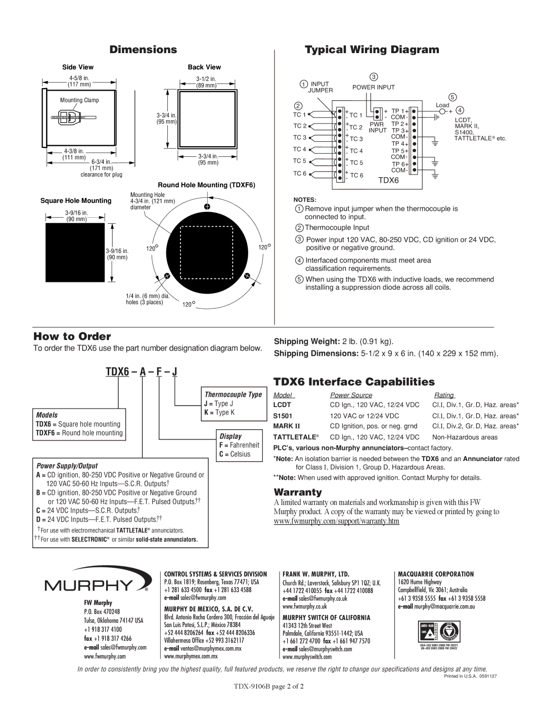 Murphy specifications Dimensions Typical Wiring Diagram, How to Order, TDX6 a F J, TDX6 Interface Capabilities 