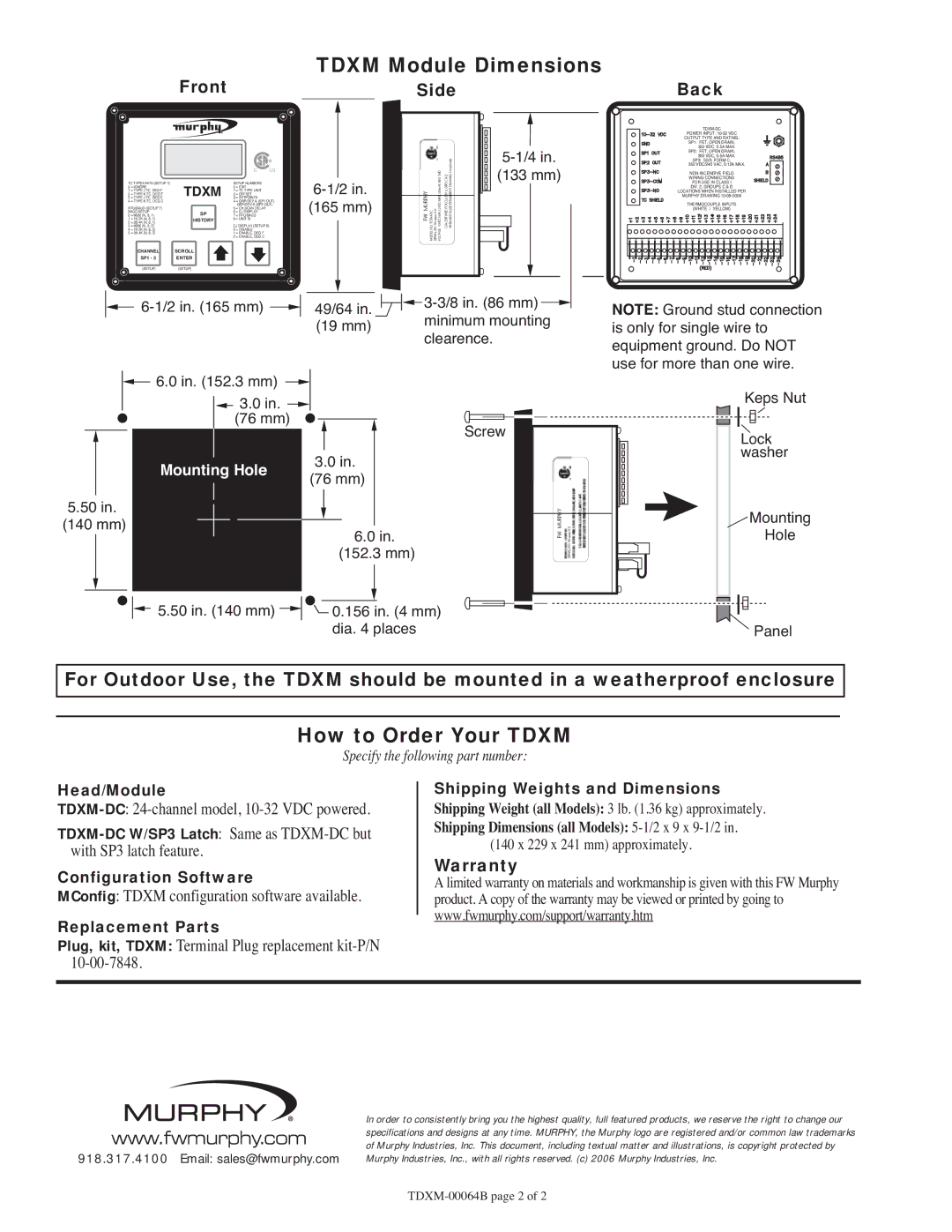 Murphy TDXM specifications Front Side Back, Warranty 