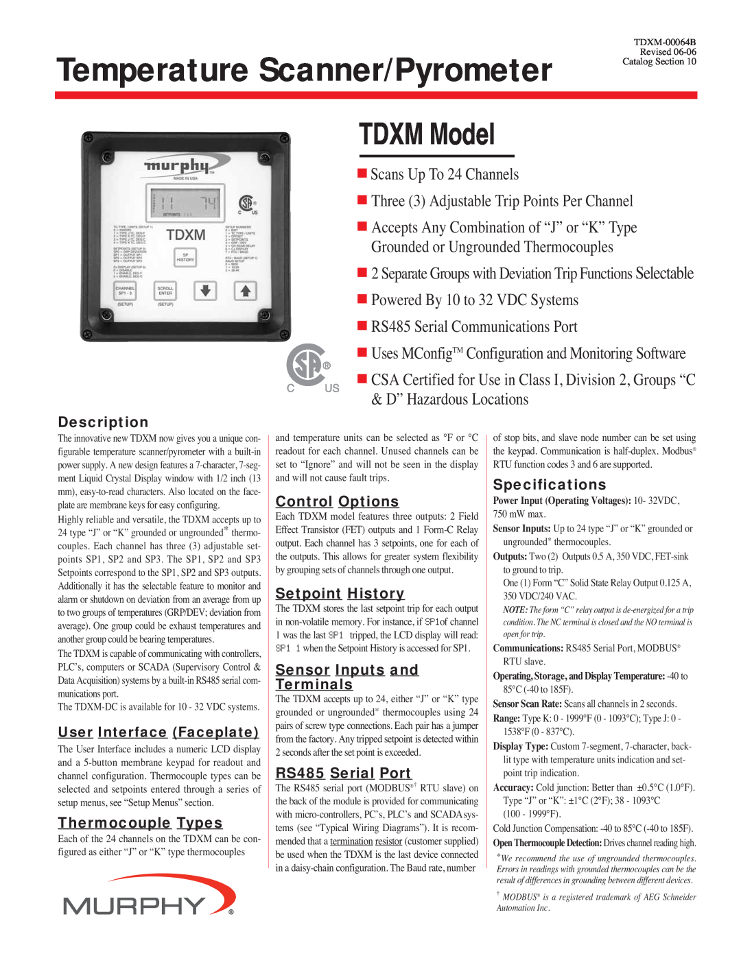 Murphy TDXM specifications Description, Thermocouple Types, Control Options, Setpoint History, Sensor Inputs and Terminals 