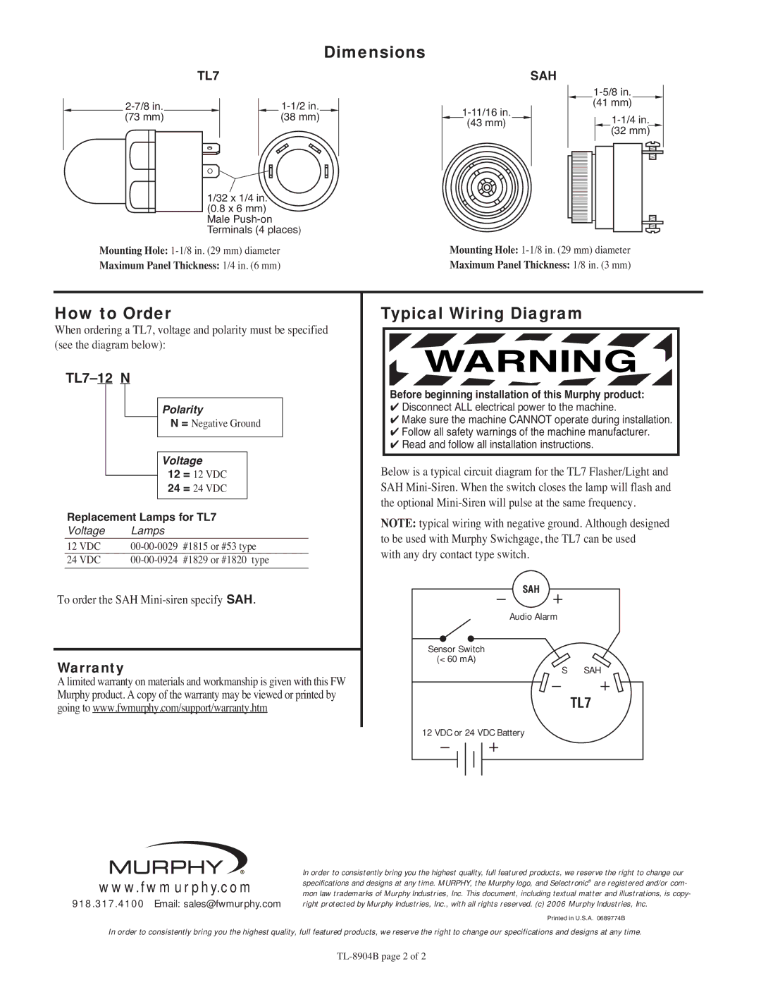 Murphy TL7, SAH specifications Dimensions, How to Order, Typical Wiring Diagram 