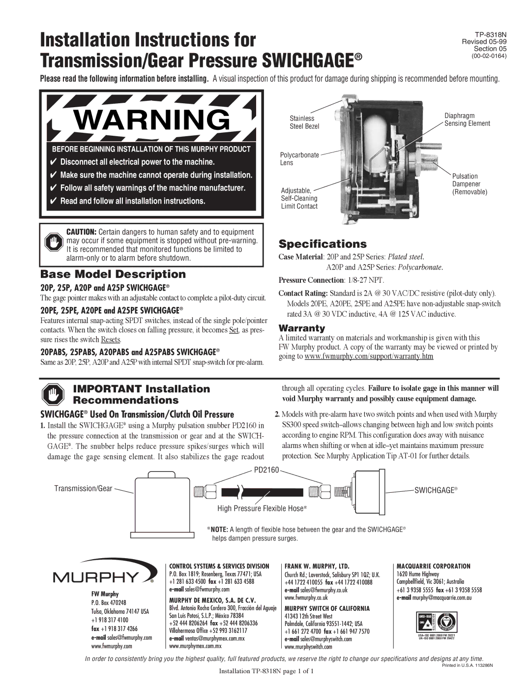 Murphy TP-8318N installation instructions Base Model Description, Specifications 