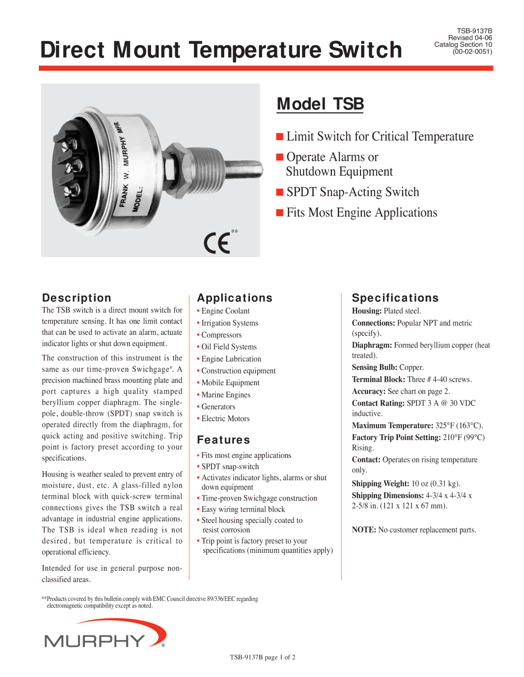 Murphy TSB specifications Description, Applications, Features, Specifications 