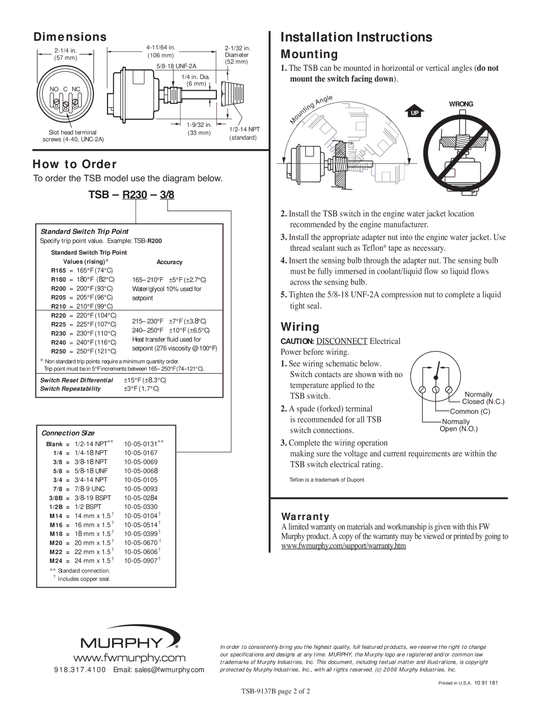 Murphy TSB specifications Dimensions, Mounting, How to Order, Wiring 