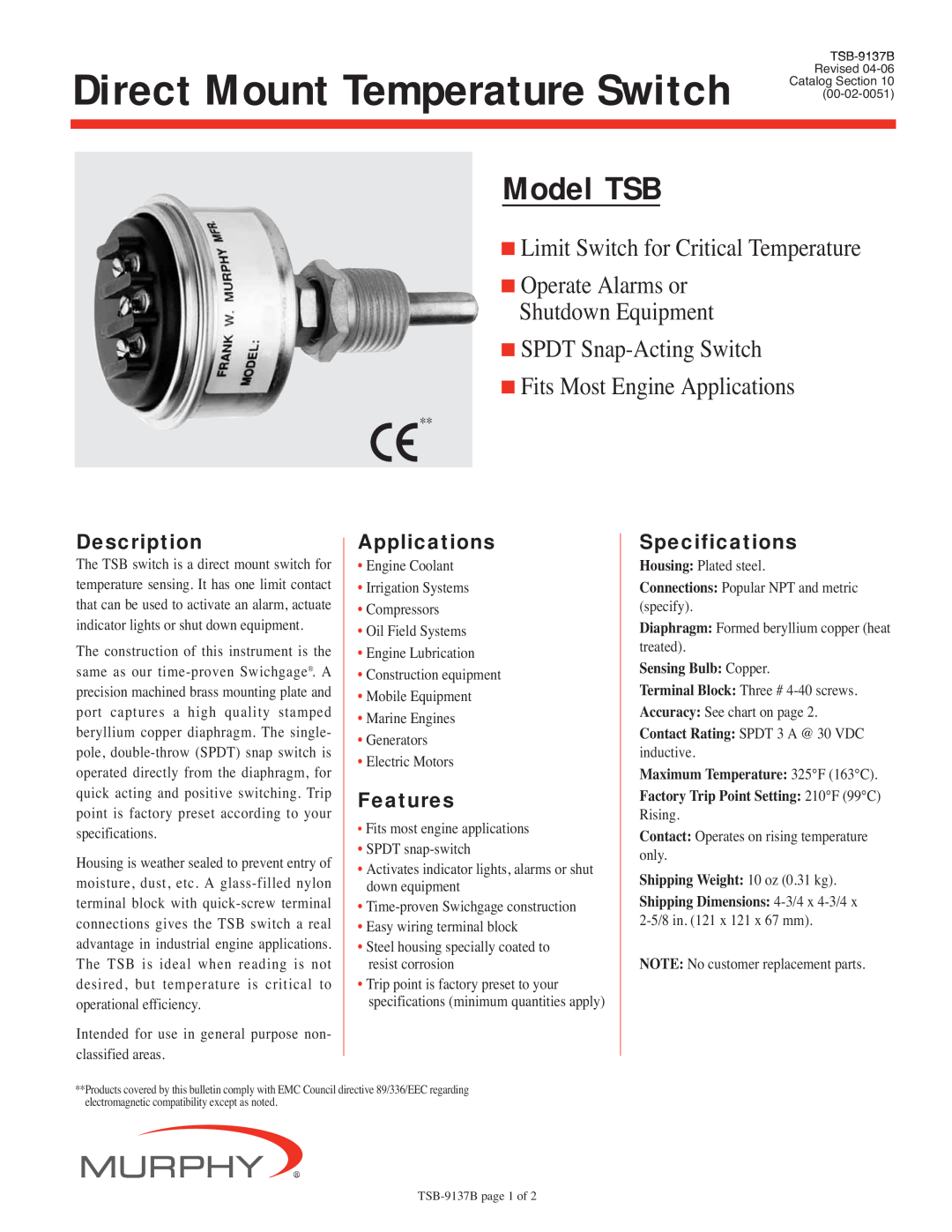 Murphy specifications Description, Applications, Features, Specifications, Model TSB, Sensing Bulb Copper 