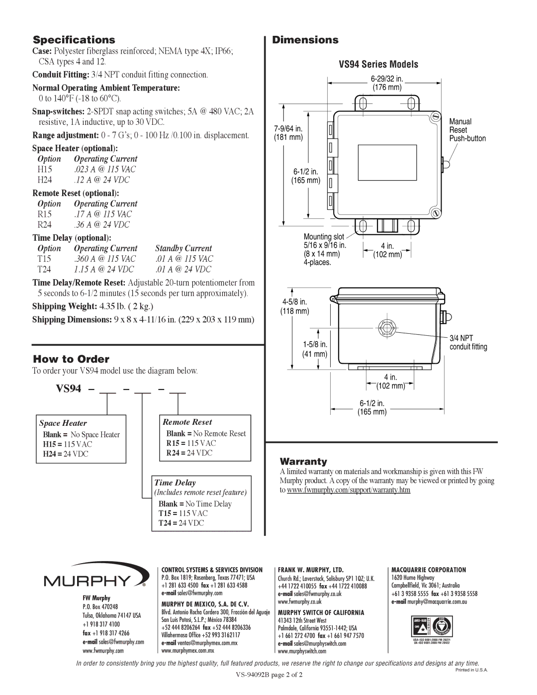 Murphy VS94 manual Specifications, How to Order, Dimensions 