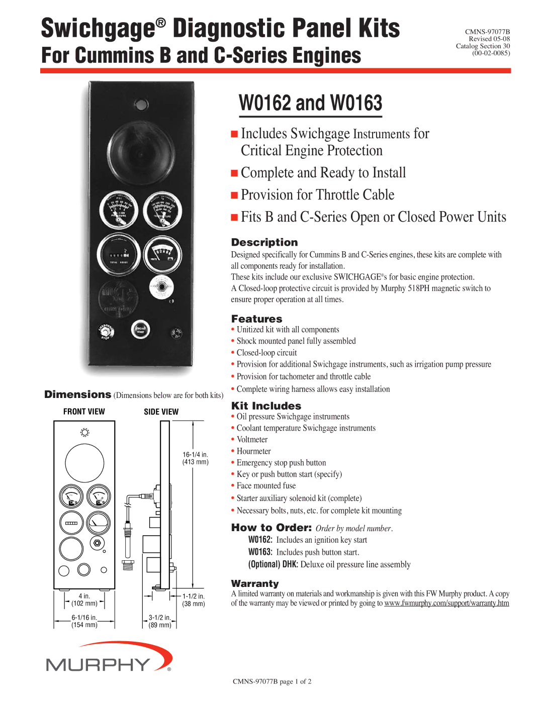 Murphy W0162, W0163 dimensions Description, Features, Kit Includes 