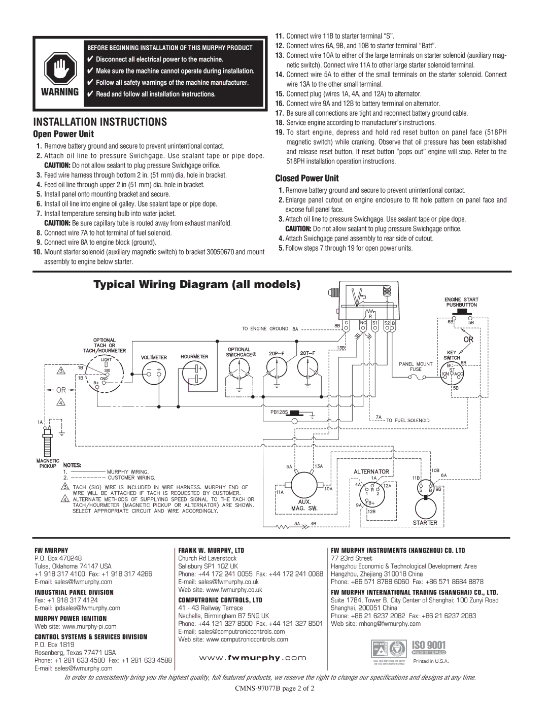 Murphy W0163, W0162 dimensions Typical Wiring Diagram all models, Open Power Unit, Closed Power Unit 