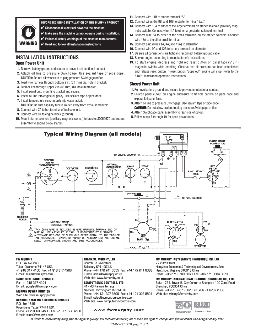 Murphy W0163 Installation Instructions, Typical Wiring Diagram all models, Open Power Unit, Closed Power Unit, CMNS-97077B 